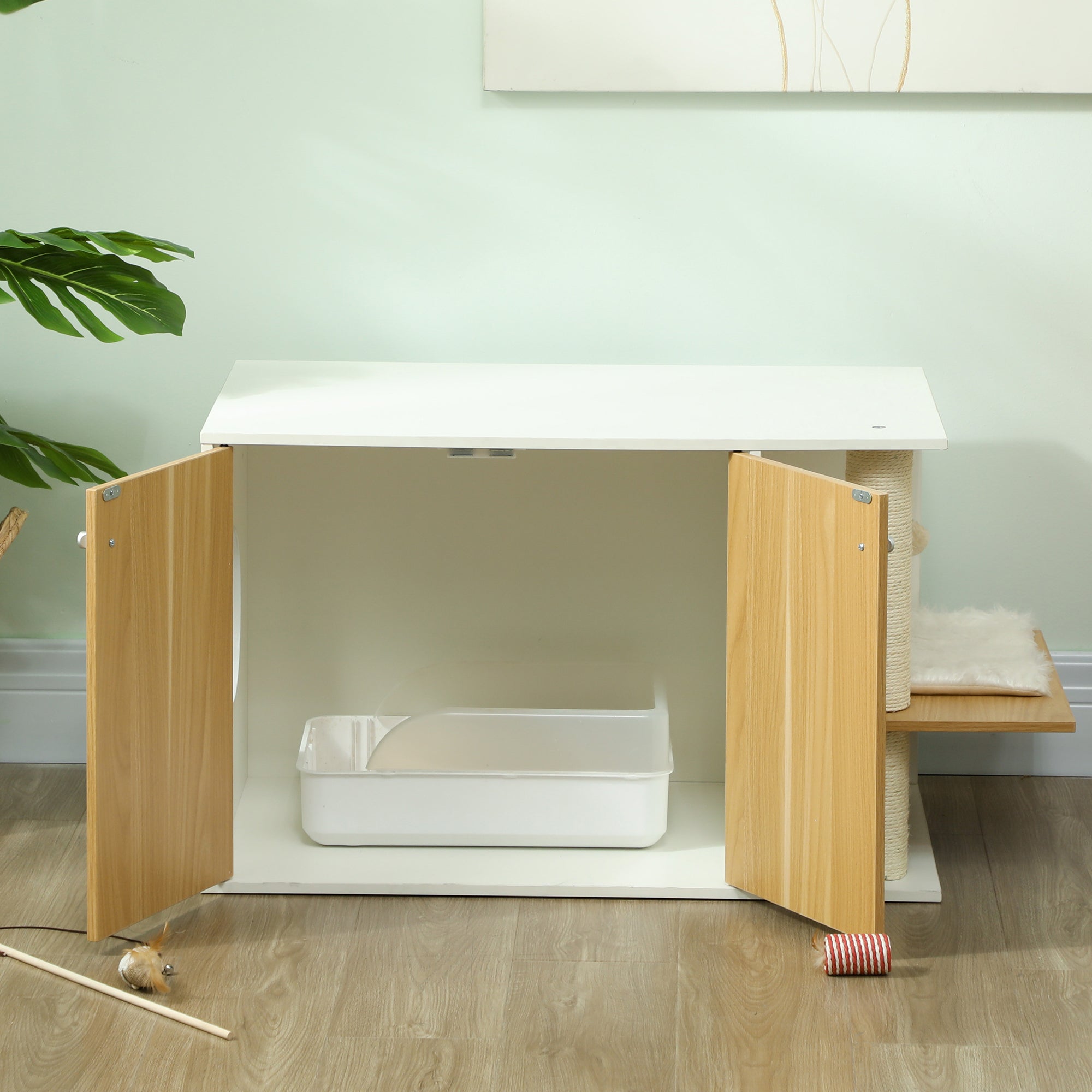 Móvel Caixa de Areia para Gatos 94x48x50,5 cm - Branco e Madeira
