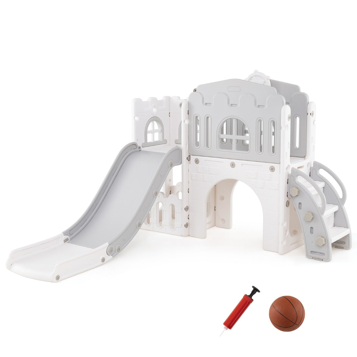 Tobogã Infantil 9 em 1 com Cesto de Basquetebol, Luneta, Volante, Passagem, Túnel para 1+ Anos 176 x 138 x 80 cm Cinzento e Branco