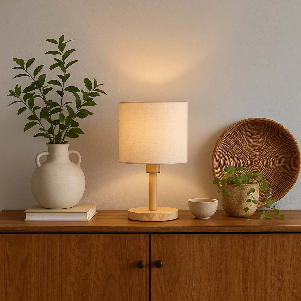 Candeeiro de Mesa – 34 cm – Dourado e Vime – Madeira