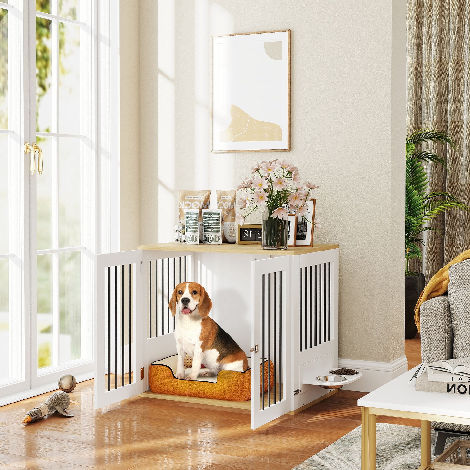 Mesa Auxiliar 2 em 1 para Cães Médios – 80x55x71,5 cm – Branco e Madeira