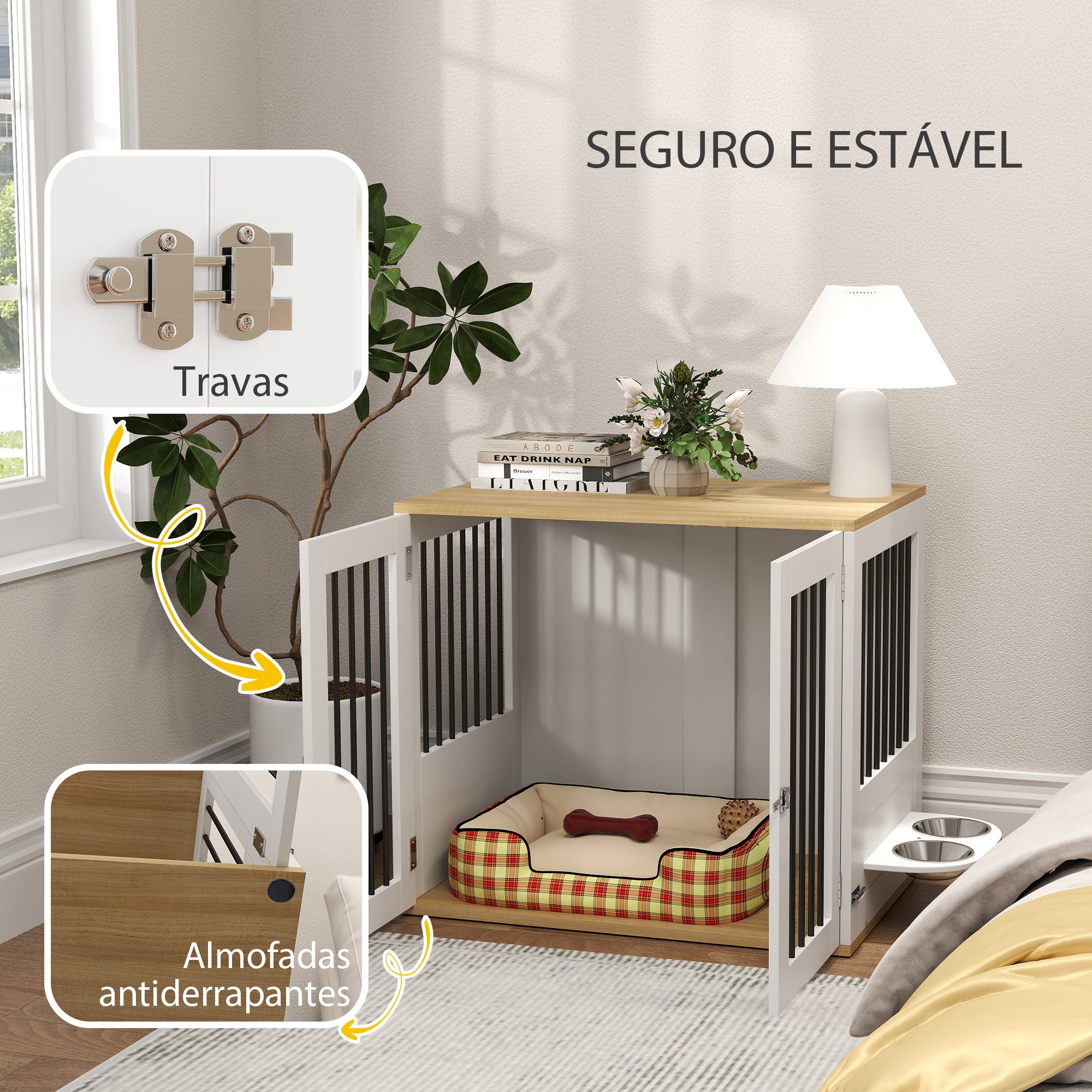 Mesa Auxiliar 2 em 1 para Cães Médios – 80x55x71,5 cm – Branco e Madeira