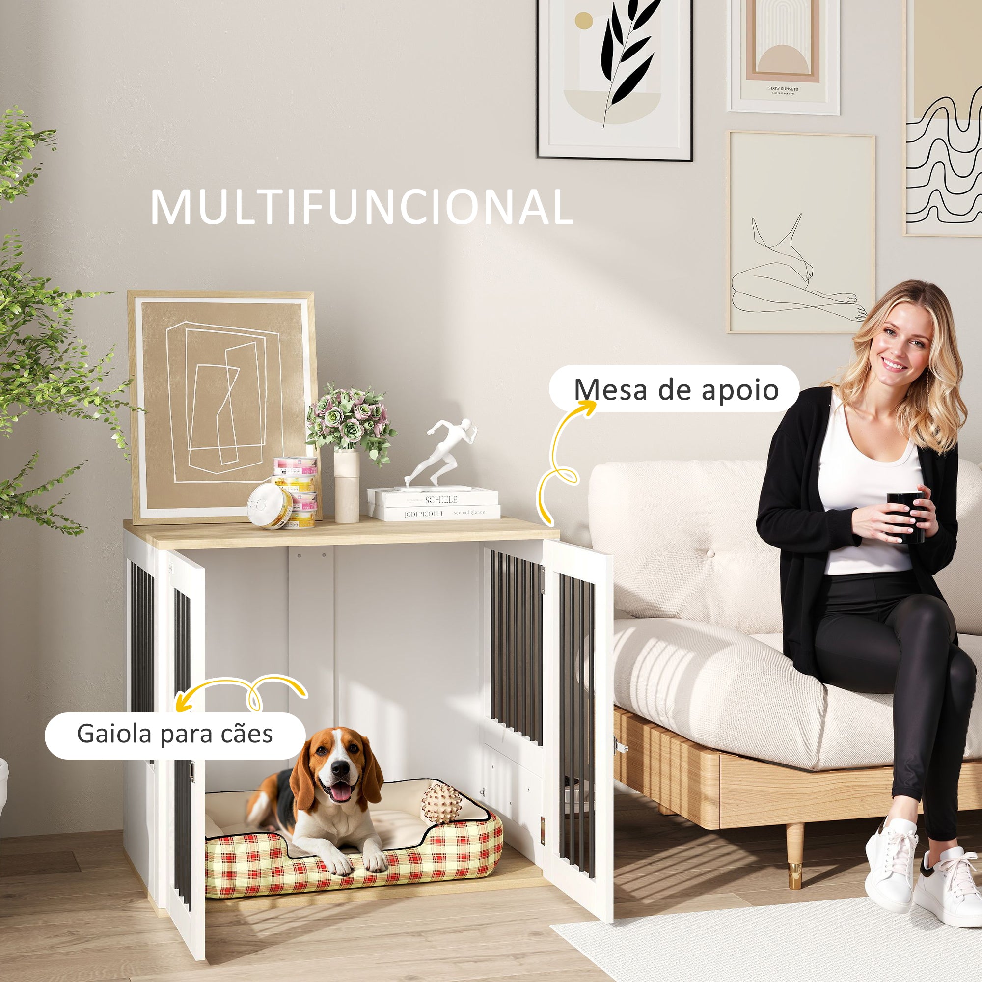 Mesa Auxiliar 2 em 1 para Cães Médios – 80x55x71,5 cm – Branco e Madeira