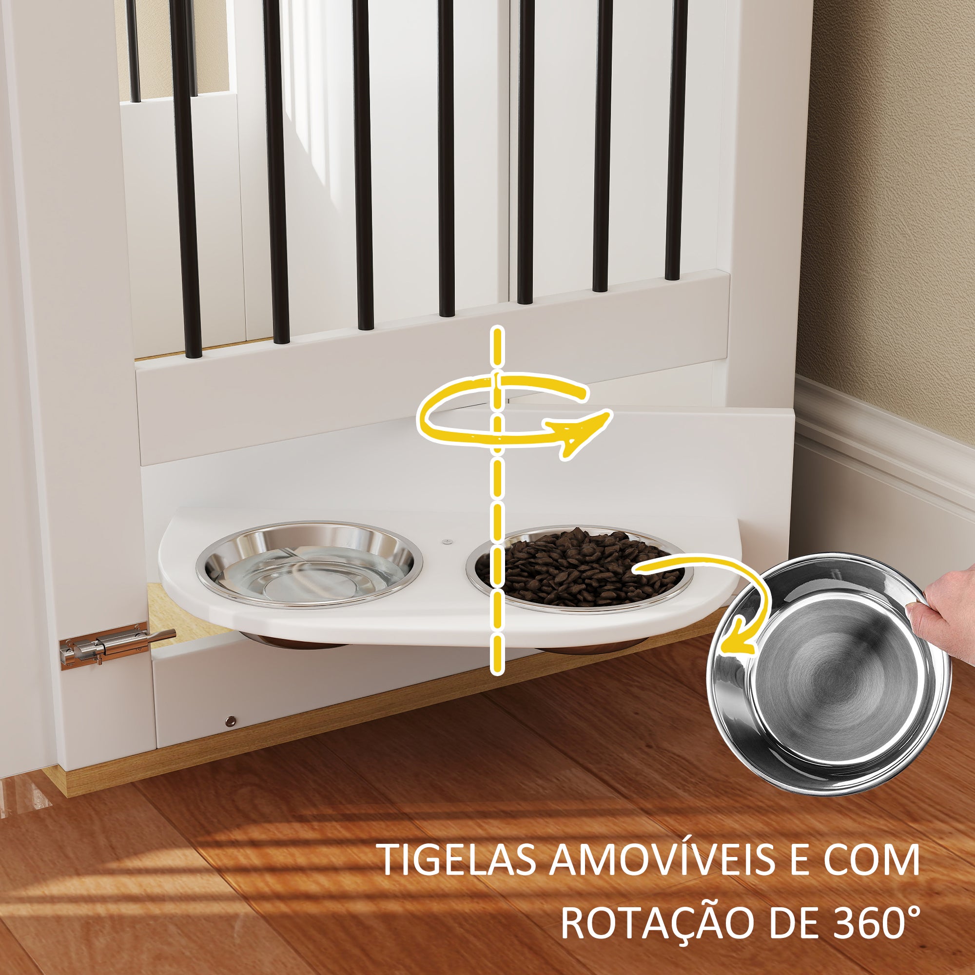 Mesa Auxiliar 2 em 1 para Cães Médios – 80x55x71,5 cm – Branco e Madeira