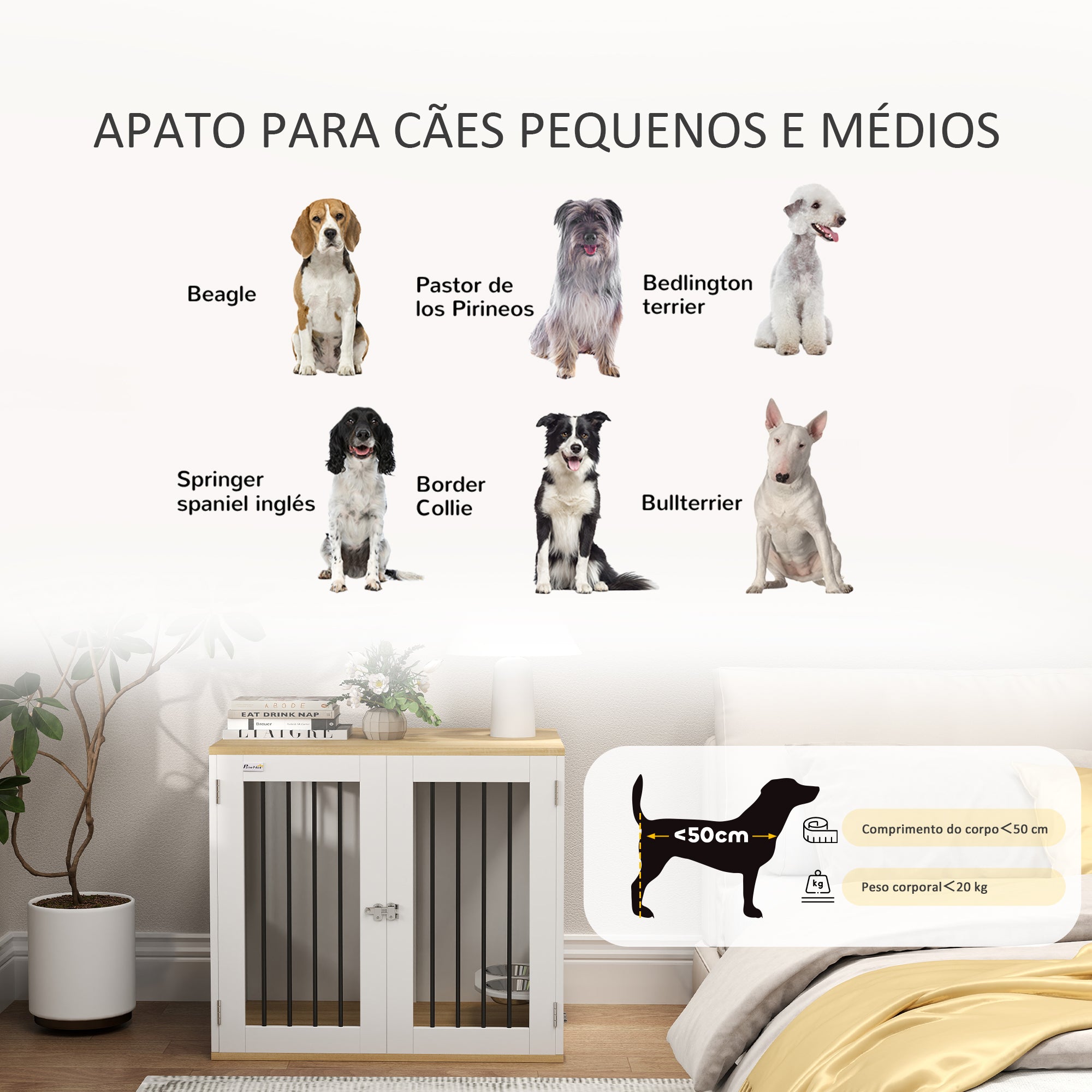 Mesa Auxiliar 2 em 1 para Cães Médios – 80x55x71,5 cm – Branco e Madeira