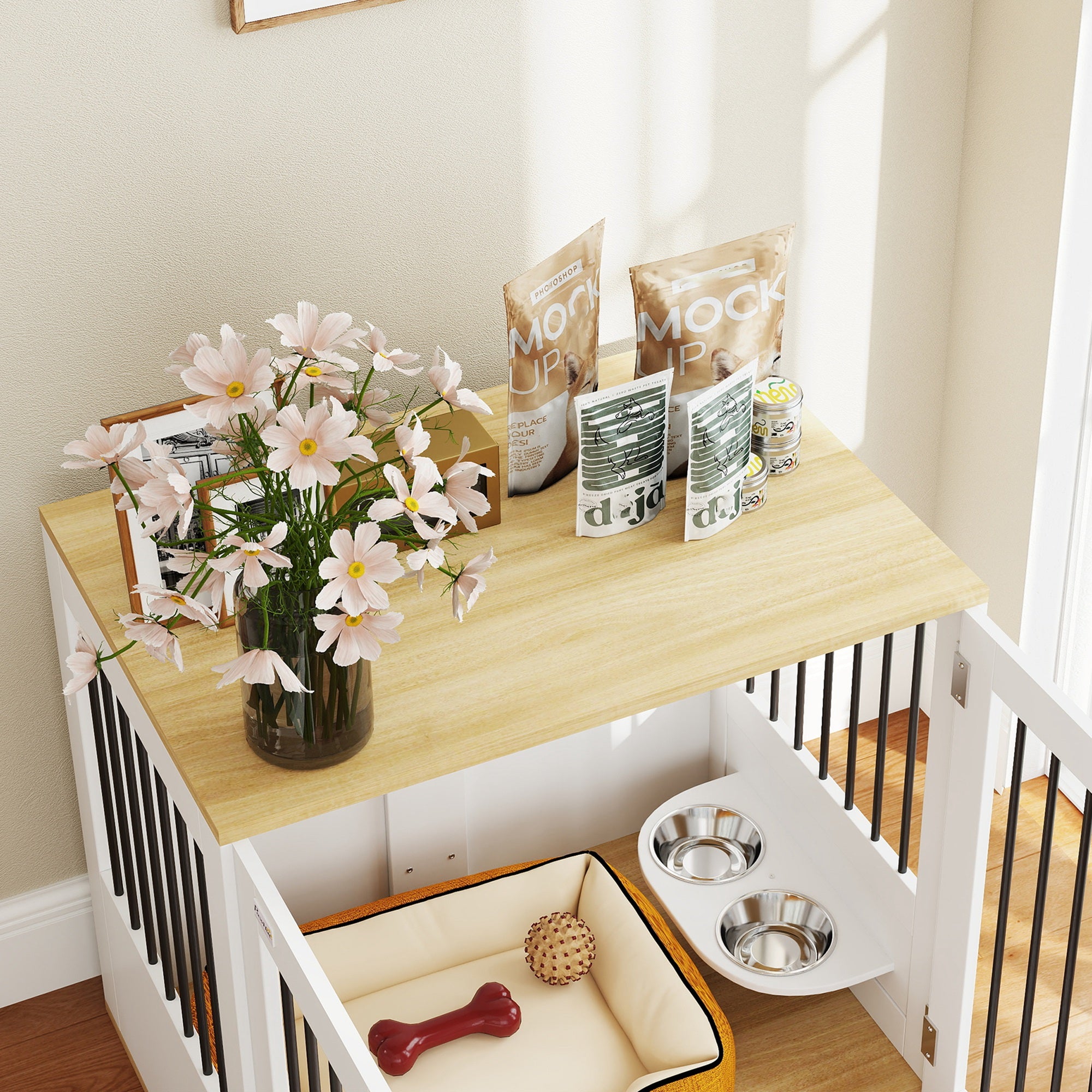 Mesa Auxiliar 2 em 1 para Cães Médios – 80x55x71,5 cm – Branco e Madeira