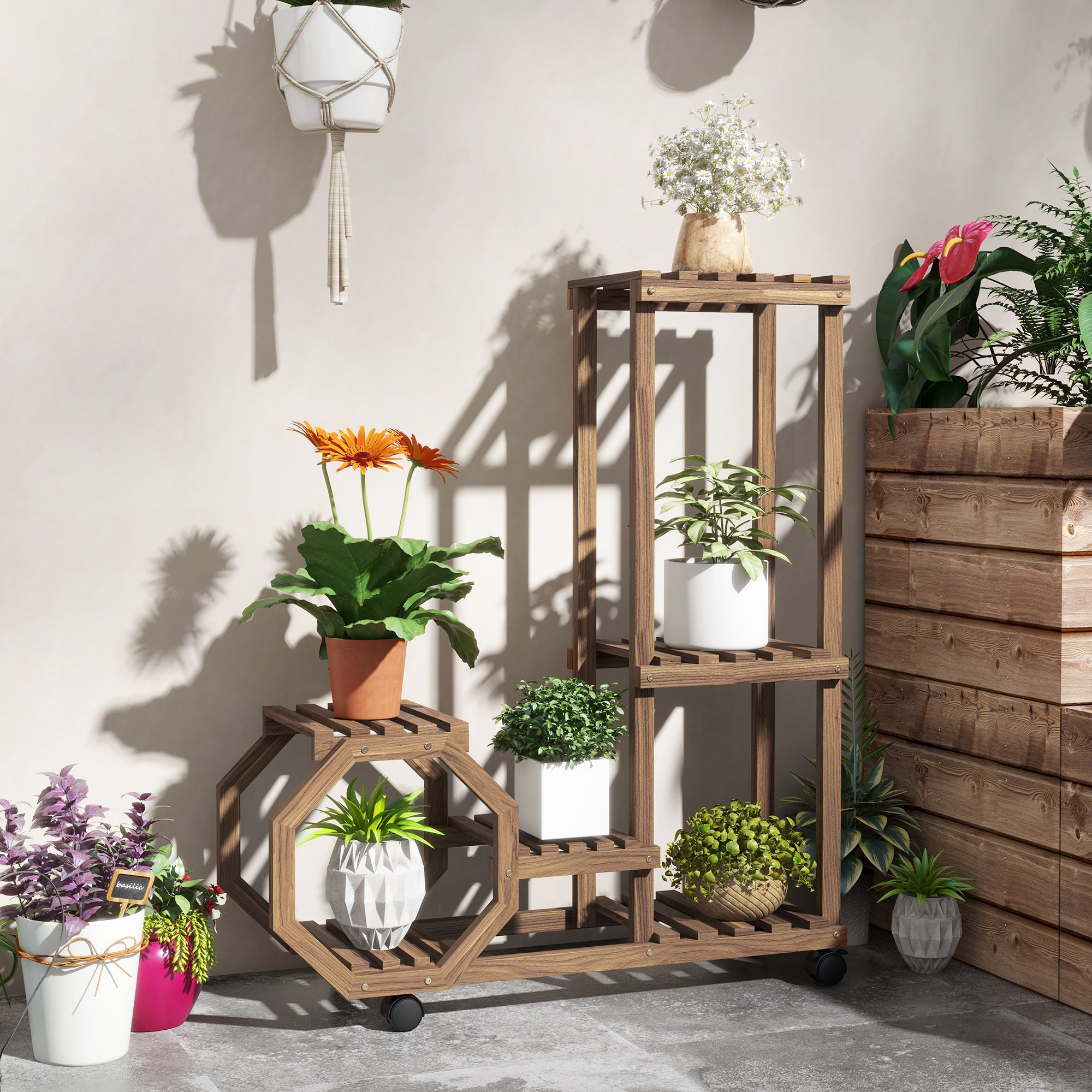 Estante para Plantas de Madeira – 86x30x102 cm – Marrom Carbonizado