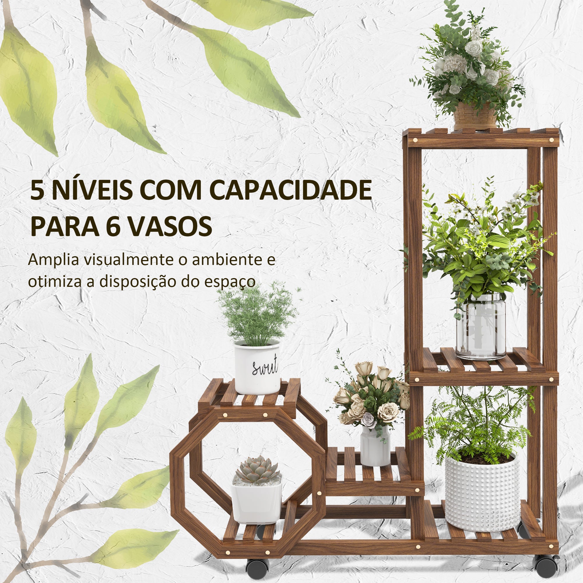 Estante para Plantas de Madeira – 86x30x102 cm – Marrom Carbonizado
