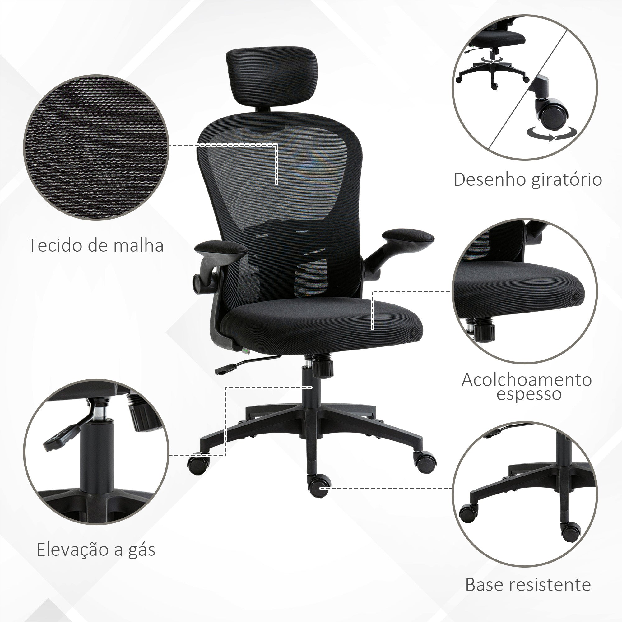 Cadeira de Escritório Ergonómica – 62x64x112-120 cm – Preto – Malha