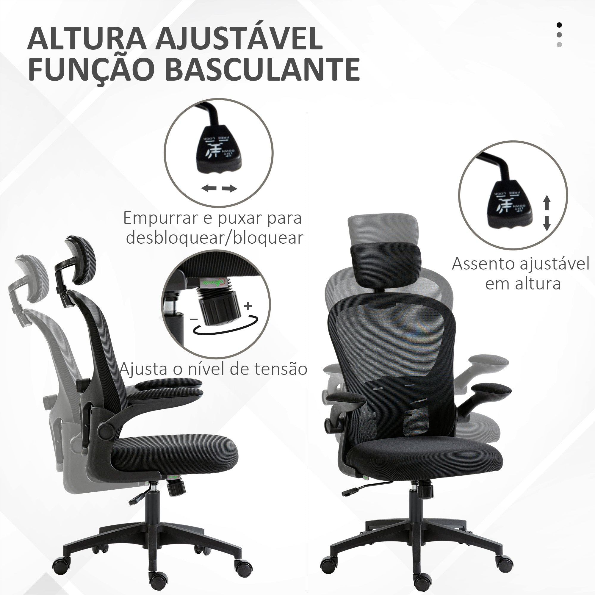 Cadeira de Escritório Ergonómica – 62x64x112-120 cm – Preto – Malha