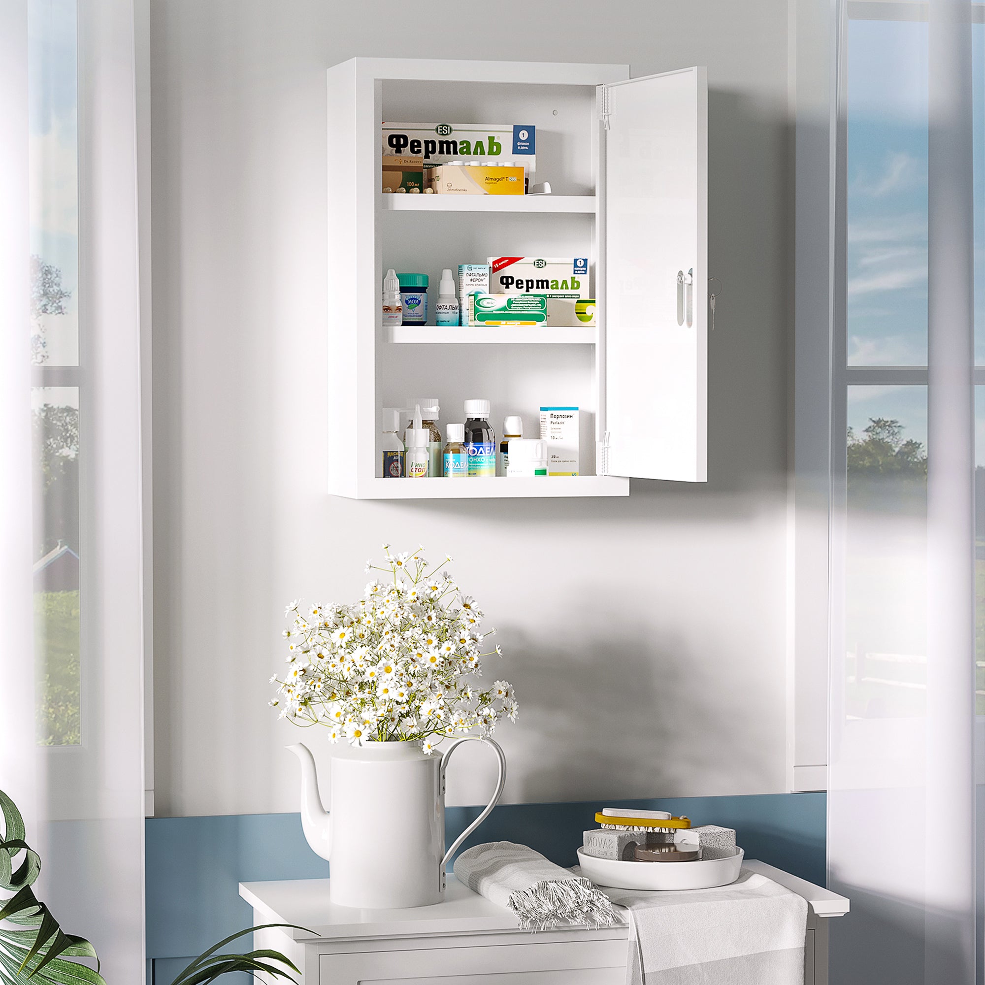 Armário de Farmácia de Parede em Aço – 30x14x46 cm – Branco