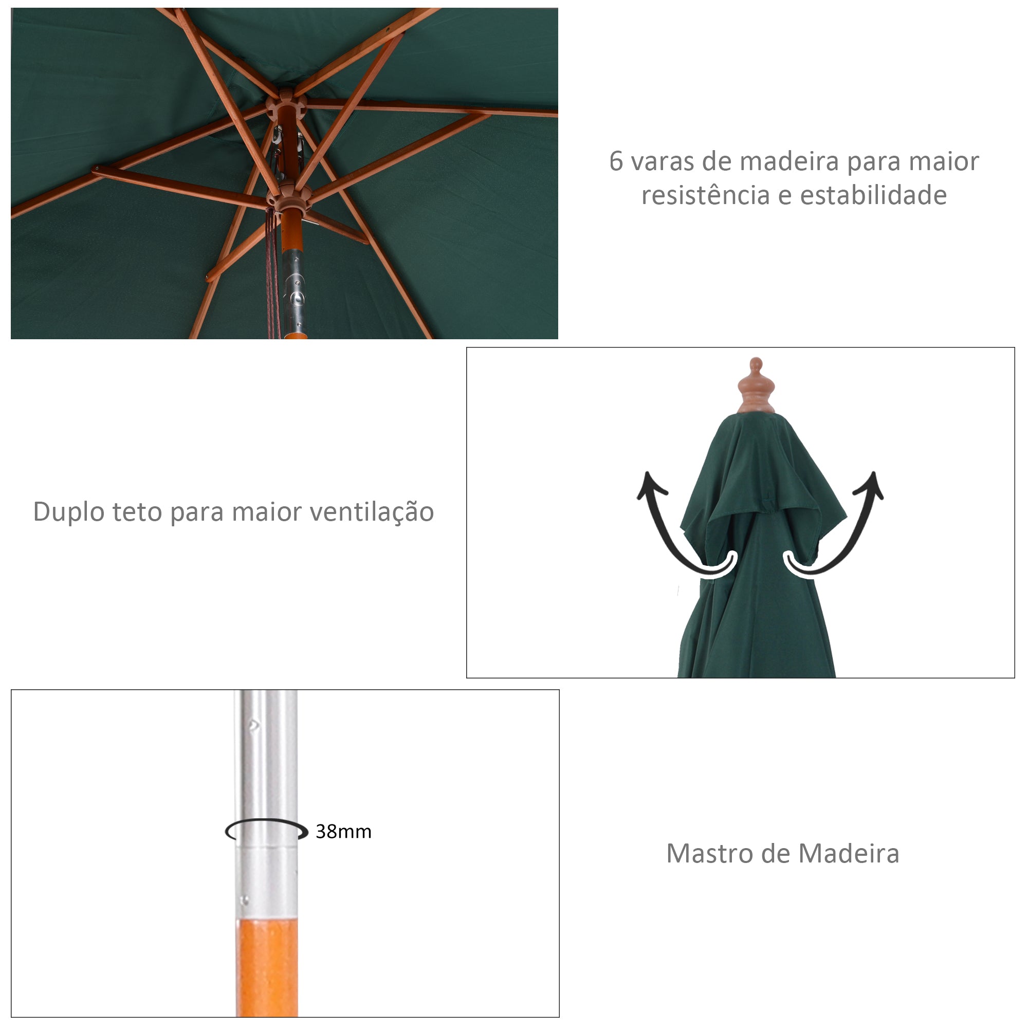 Chapéu de Sol Retangular – 200x150x230 cm – Verde – Madeira de Álamo