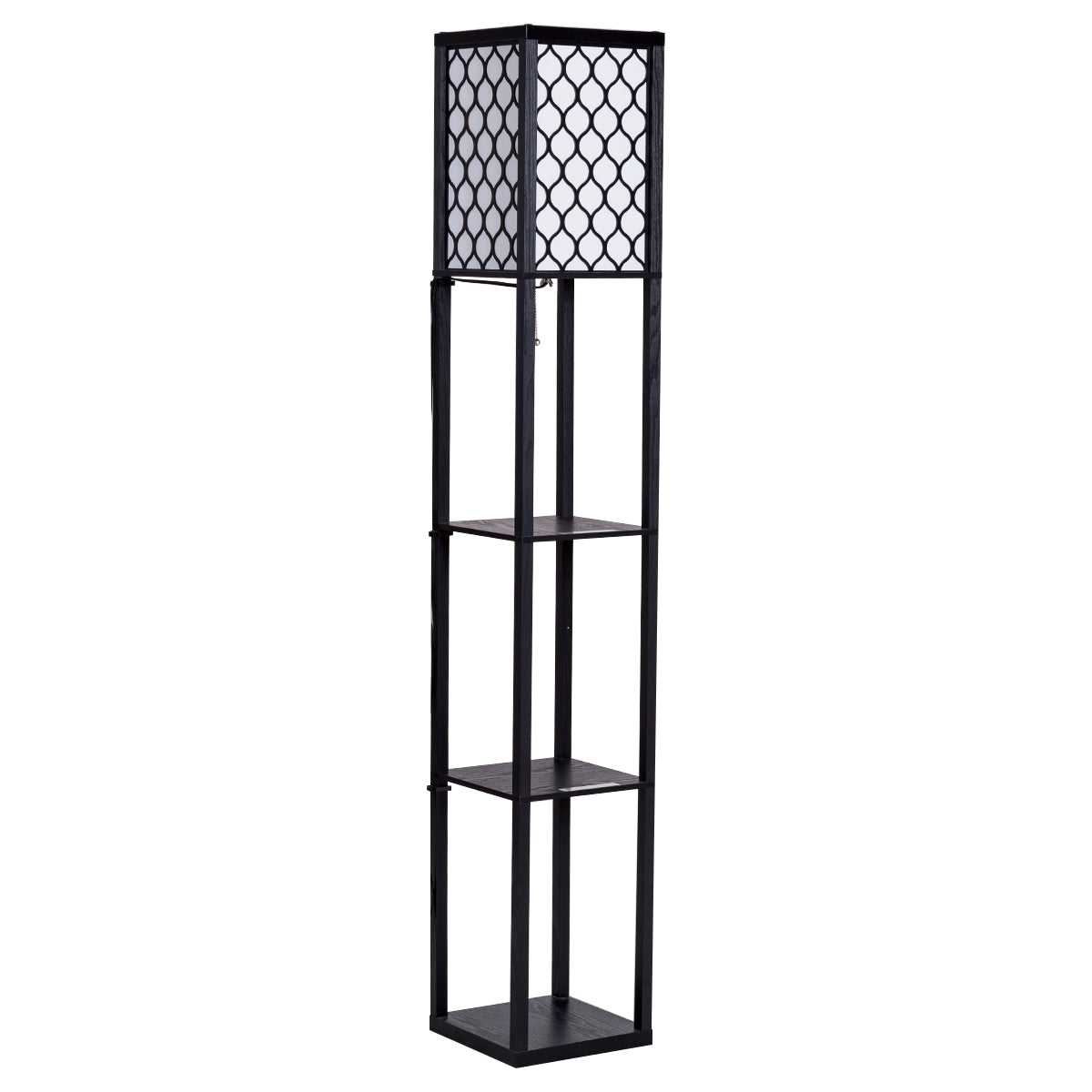 Candeeiro de Pé com Estante de Madeira de 3 Níveis para Decoração de Sala e Quarto Preto 160 x 26 x 26 cm