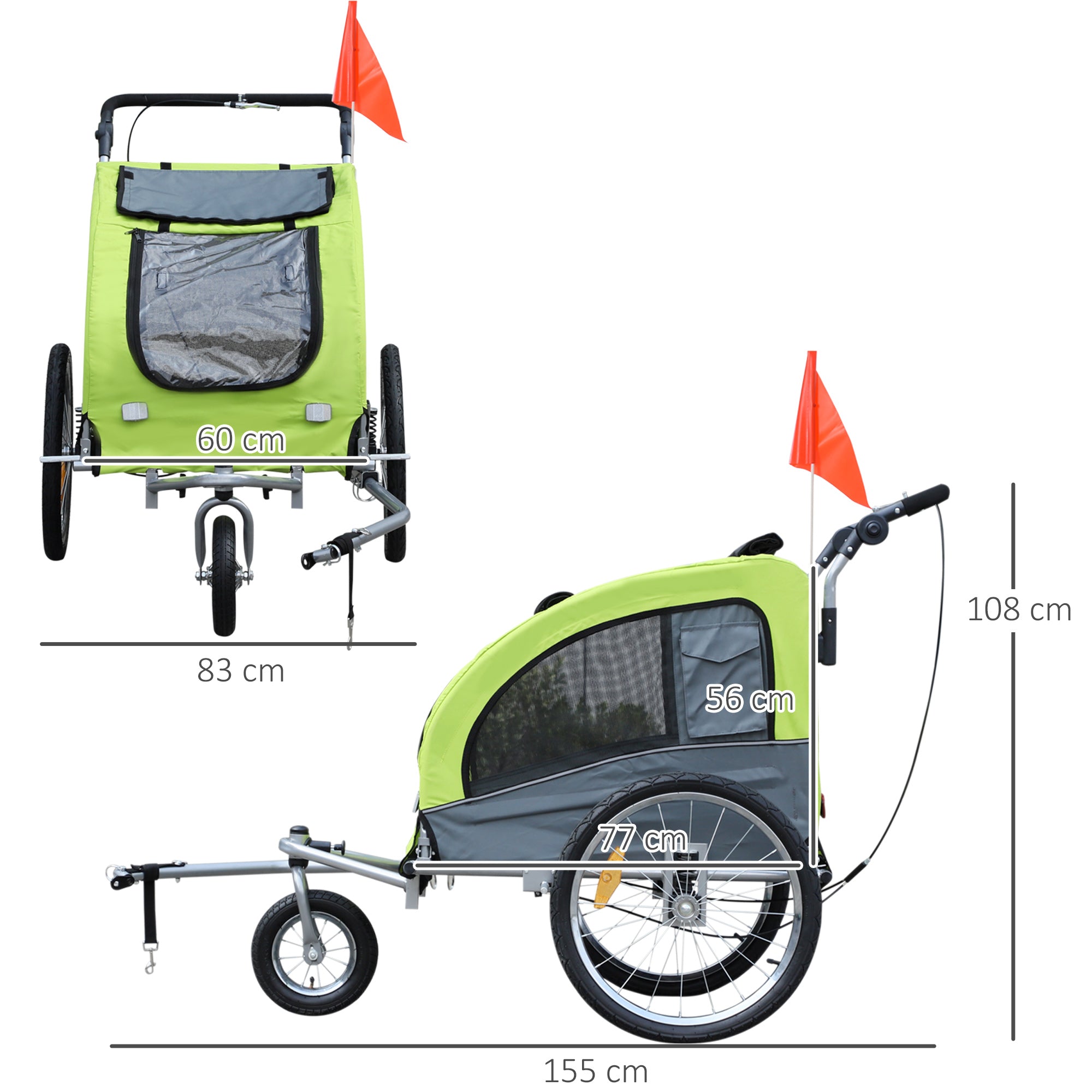 Reboque Bicicleta para Animais de Estimação 2 em 1 155x83x108 cm Verde e Cinza
