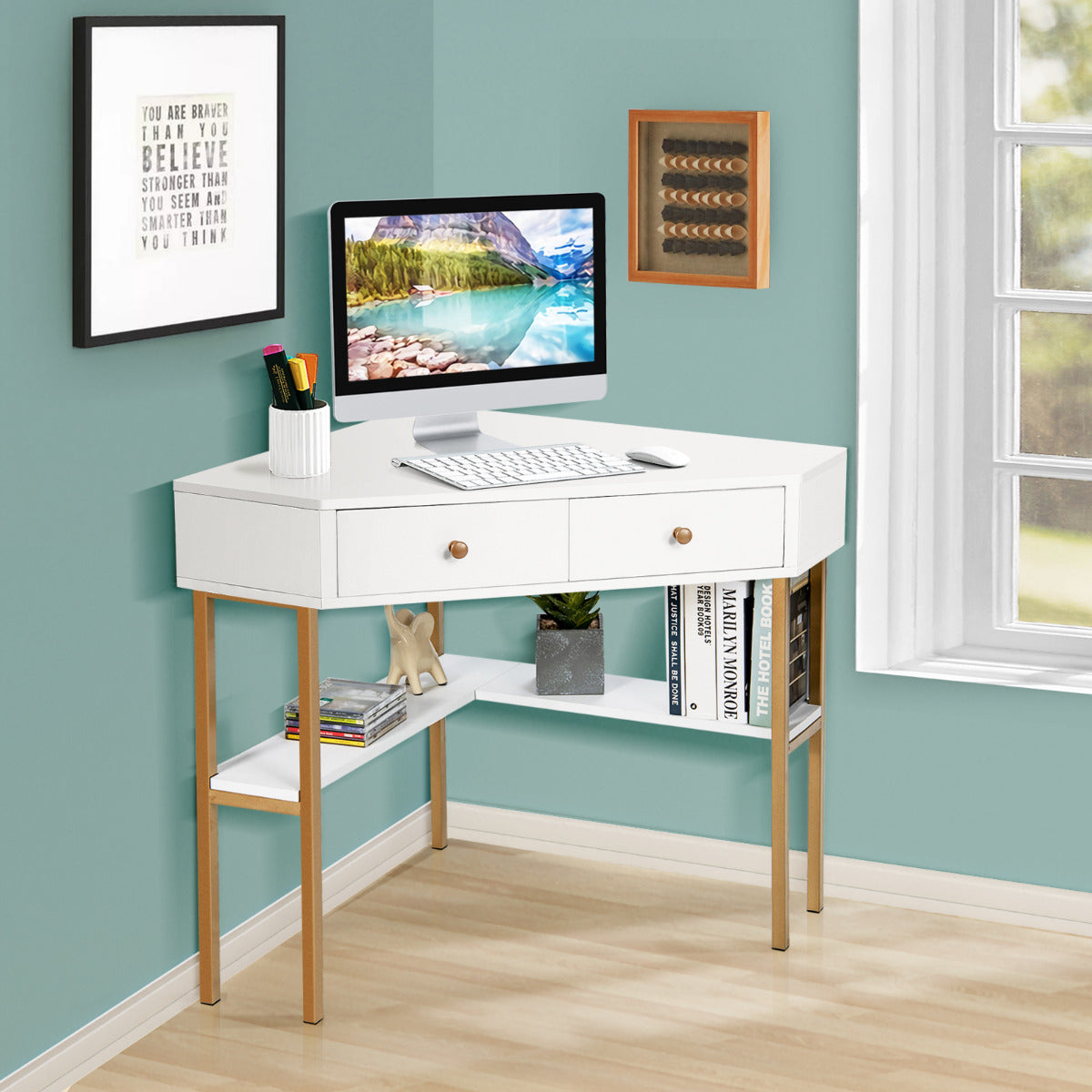 Secretária Angular para Computador – 70,5 x 70,5 x 75 cm – Branco – Aço