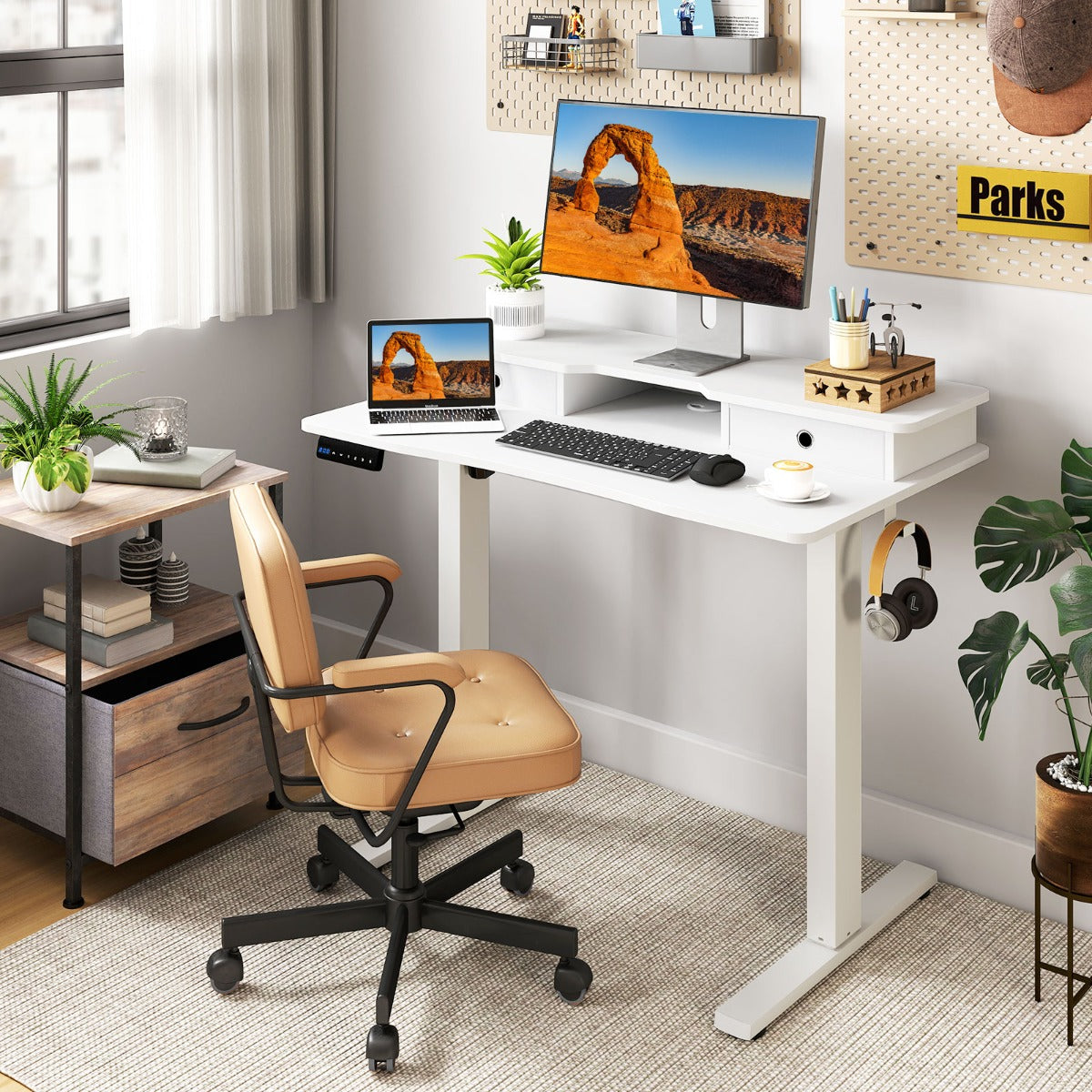 Secretária Elétrica de Pé 100 x 60 cm com 2 Gavetas Altura Ajustável com Suporte para Monitor - Branco