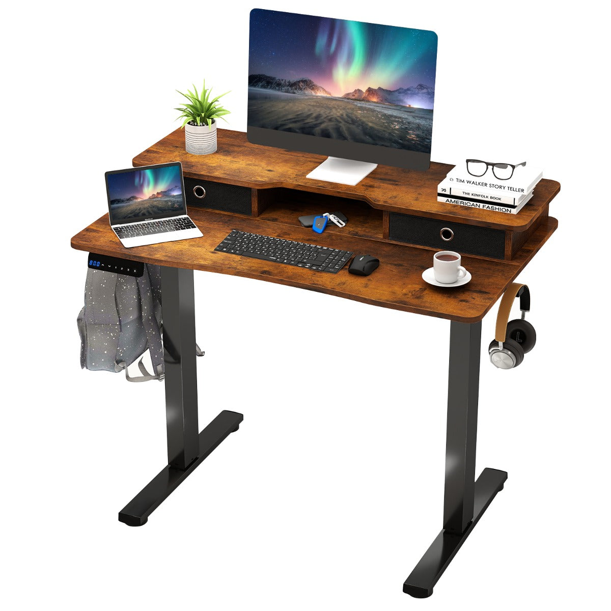 Secretária Elétrica de Pé 100 x 60 cm com 2 Gavetas Altura Ajustável com Suporte para Monitor-Castanho