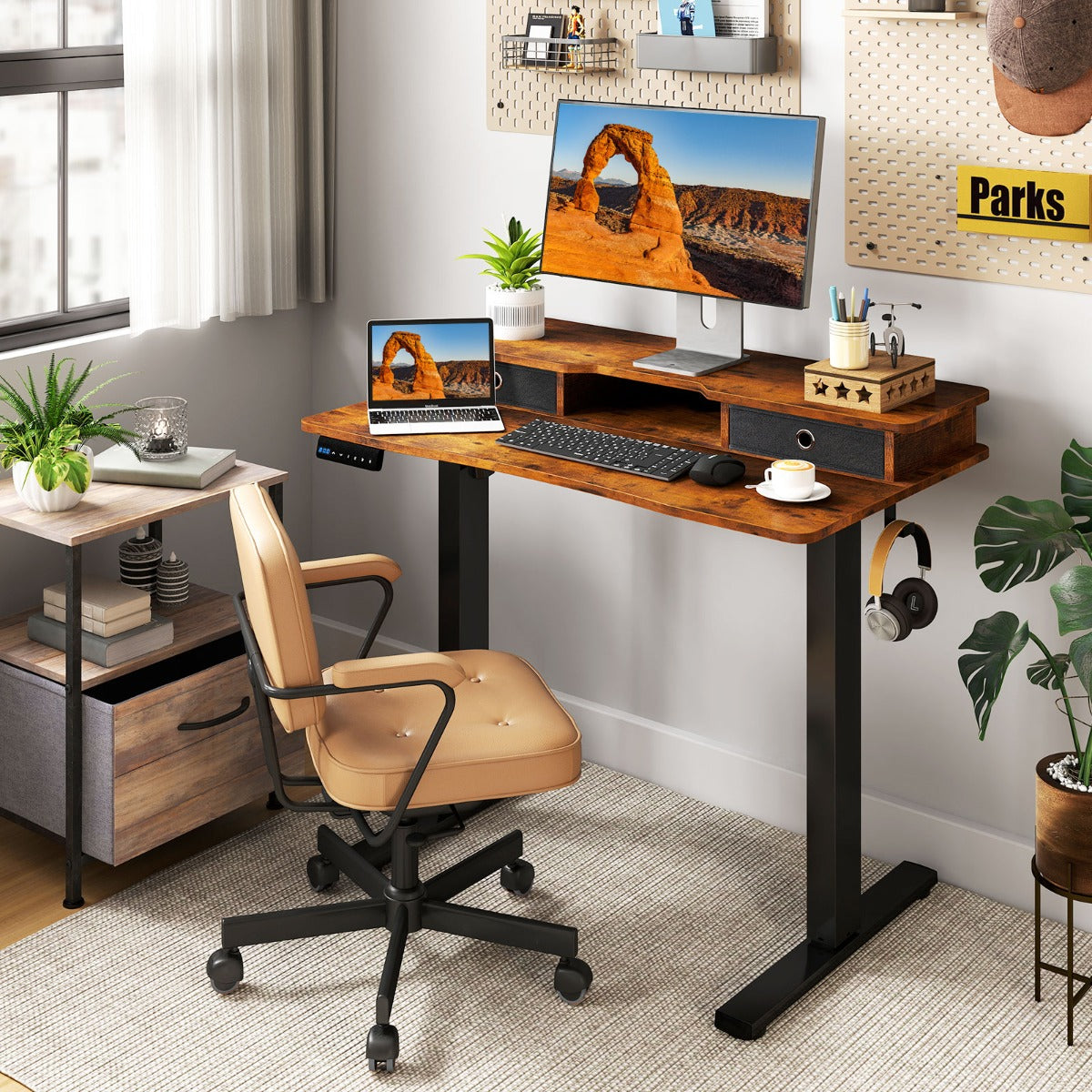 Secretária Elétrica de Pé 100 x 60 cm com 2 Gavetas Altura Ajustável com Suporte para Monitor-Castanho