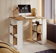 Mesa de Escritório com Estanterias – 90cm x 74cm x 60cm – Branco e Pinho – Madeira de Pinho e Melamina Lacada