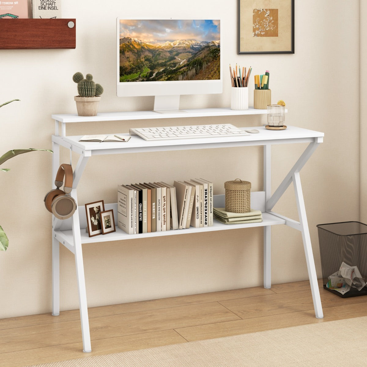 Secretária Pequena com Suporte para Monitor, Gancho Pendurado e Prateleira Adicional 100 x 48 x 81,5 cm Branco