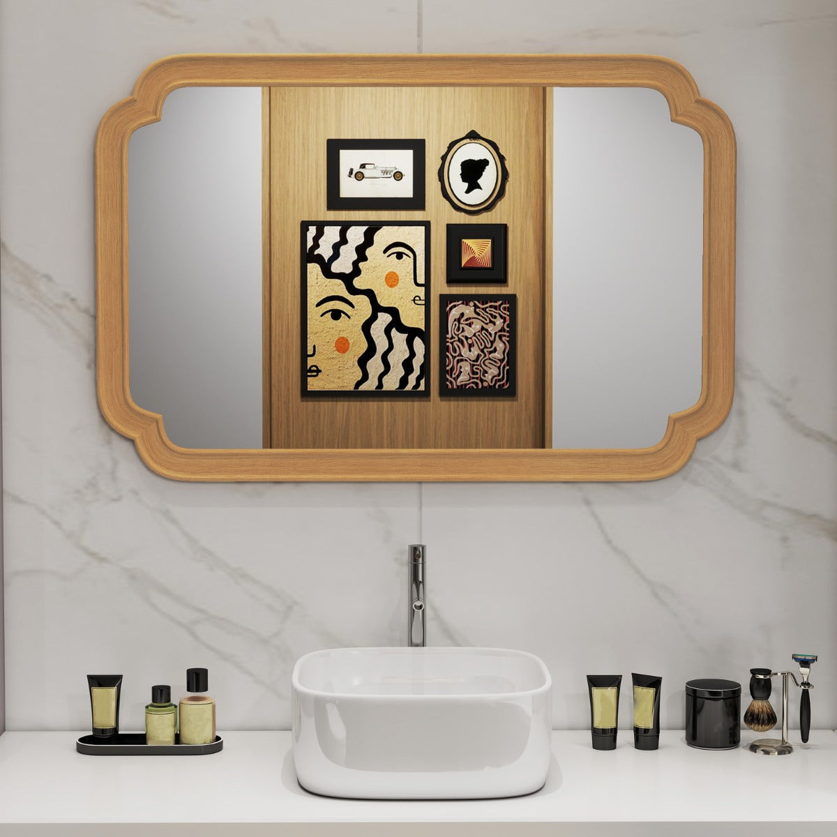 Espelho Decorativo Retangular 90 x 60 cm com Cantos Arredondados de Dupla Curvatura Instalação Horizontal Vertical Natural
