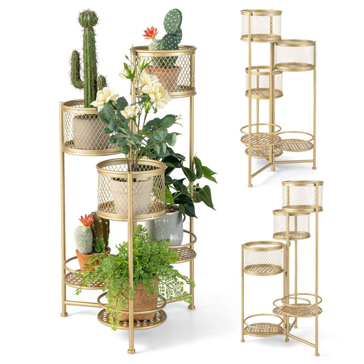 Estante Dobrável de 6 Níveis para Plantas em Metal Suporte para 6 Vasos e Exibição com Bandeja Articulada Elegante 41 x 39 x 82 cm Ouro