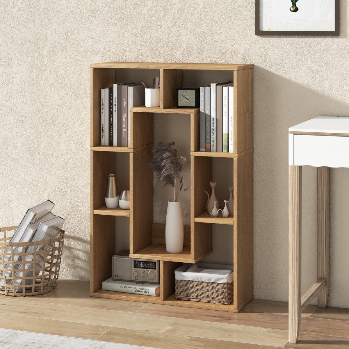 Estante Geométrica Decorativa de Canto – 60 x 20 x 90 cm – Natural – Madeira