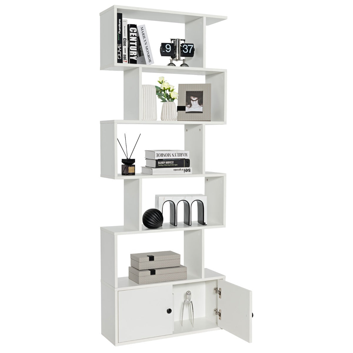 Estantería em Forma de S de 6 Níveis com Armário Estantes Decorativos para Sala Escritório 70 x 23 x 183 cm Branco