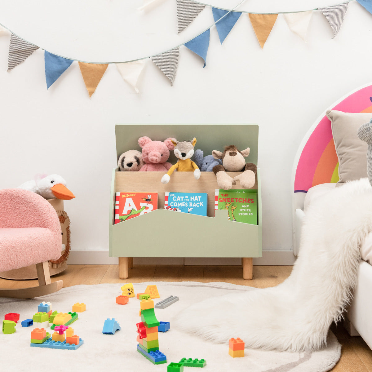 Estante de Brinquedos de Madeira com Armazenamento Baú de Brinquedos para Crianças Estante Expositor Livraria Infantil 60 x 30 x 44 cm Verde