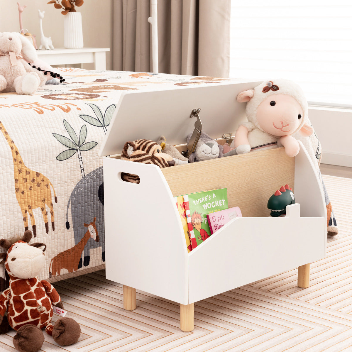 Estante de Brinquedos de Madeira com Armazenamento Baú de Brinquedos para Crianças Prateleira Expositor Livraria Infantil 60 x 30 x 44 cm Branco