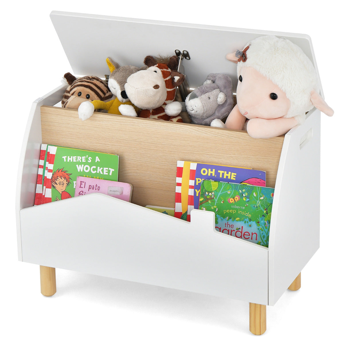 Estante de Brinquedos de Madeira com Armazenamento Baú de Brinquedos para Crianças Prateleira Expositor Livraria Infantil 60 x 30 x 44 cm Branco