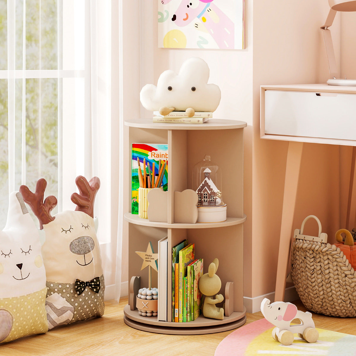 Estantería Giratoria Infantil com 2 Níveis e Separadores em Forma de Coelho 360 Graus 40 x 40 x 65 cm Café