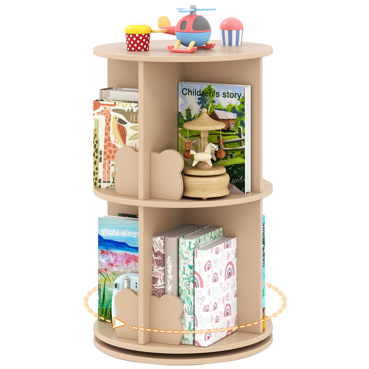 Estantería Giratoria Infantil com 2 Níveis e Separadores em Forma de Coelho 360 Graus 40 x 40 x 65 cm Café