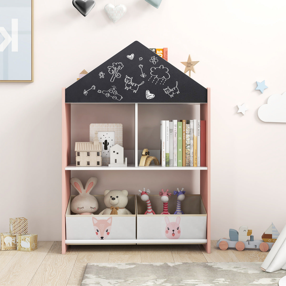 Estante Infantil em Forma de Casa – Madeira – Cor-de-Rosa