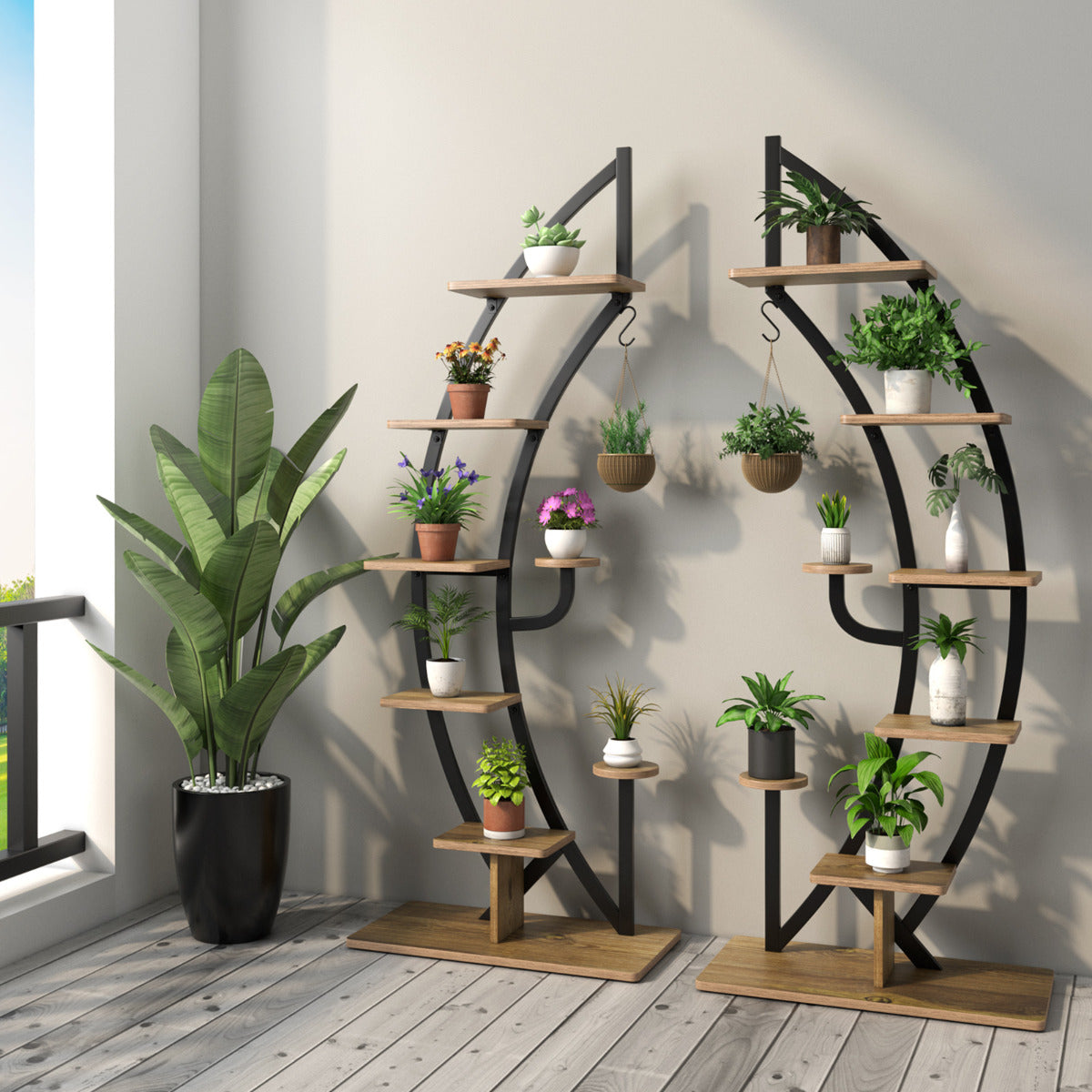 Estantería Metálica para Plantas de 7 Níveis com Suporte Curvado em Forma de Meia Lua e Gancho para Flores - 60 x 30 x 155 cm - Natural