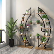 Estantería Metálica para Plantas de 7 Níveis com Suporte Curvado em Forma de Meia Lua e Gancho para Flores - 60 x 30 x 155 cm - Natural