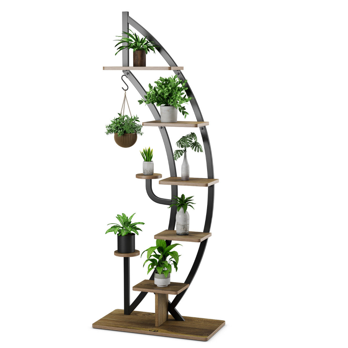 Estantería Metálica para Plantas de 7 Níveis com Suporte Curvado em Forma de Meia Lua e Gancho para Flores - 60 x 30 x 155 cm - Natural