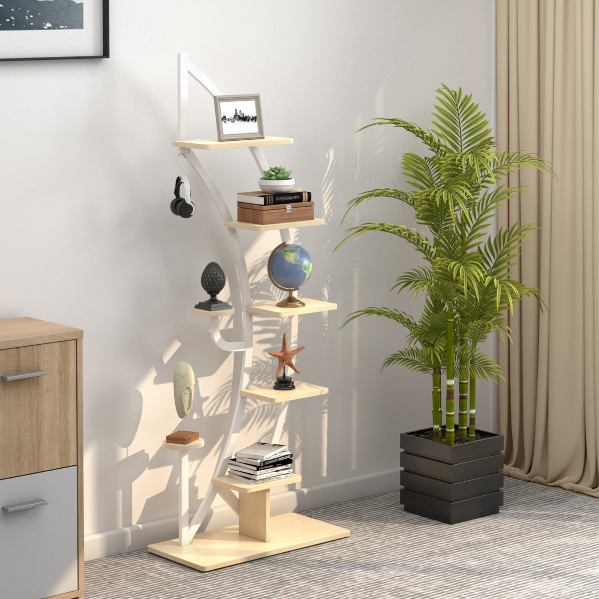 Estantería Metálica para Plantas em Forma de Meia Lua com 7 Níveis e Gancho para Flores - Branco