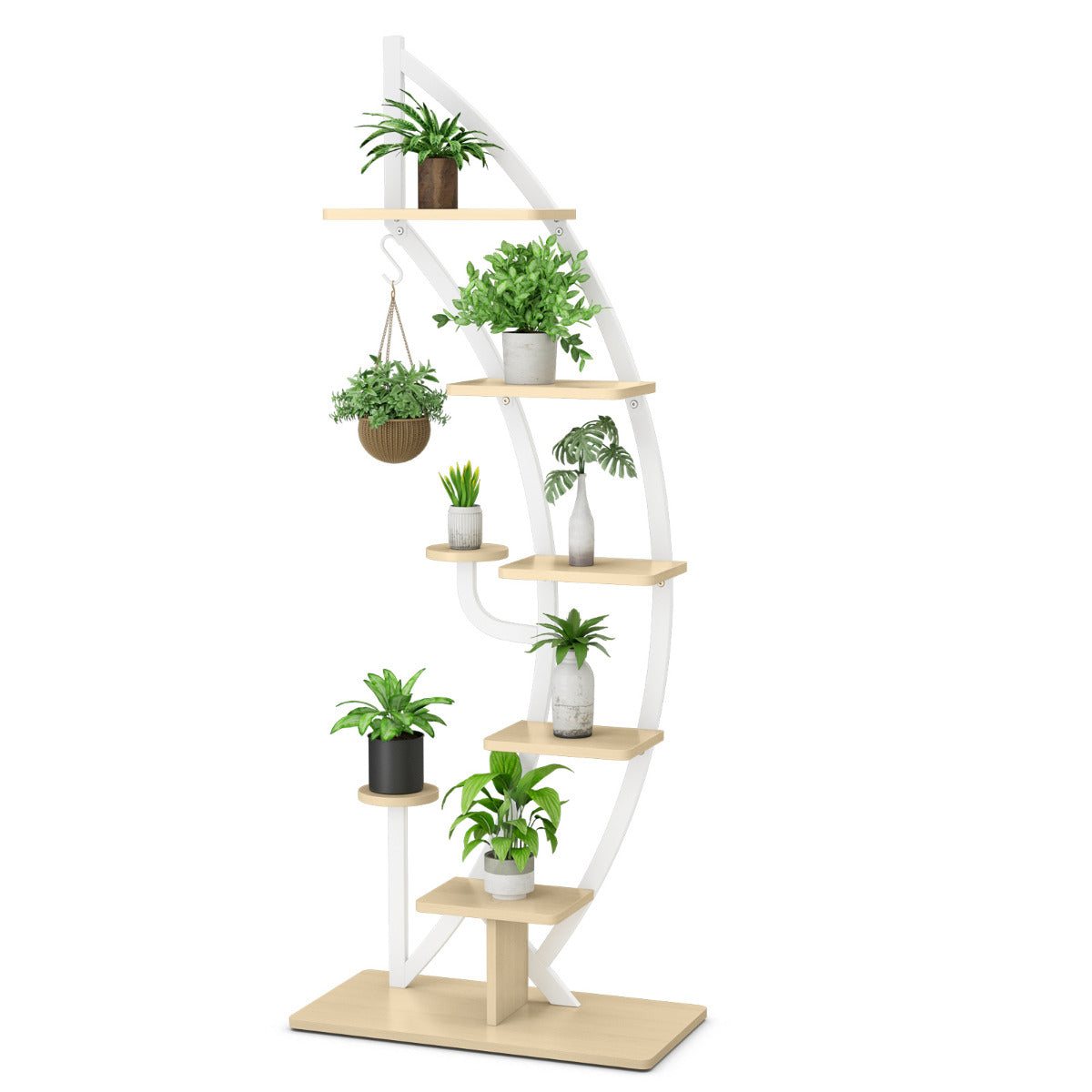 Estantería Metálica para Plantas em Forma de Meia Lua com 7 Níveis e Gancho para Flores - Branco