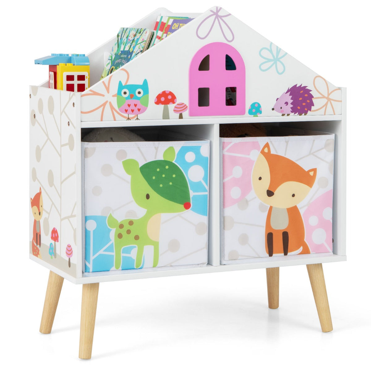 Estante Infantil de Madeira – com Organizador e 2 Recipientes de Armazenamento – Branco