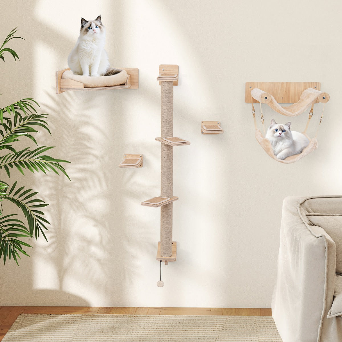 Estantes de Parede para Gatos de 5 Peças com Rede de Dupla Camada 1 Cama com Almofada 2 Plataformas de Salto 1 Torre Poste para Arranhar Natural