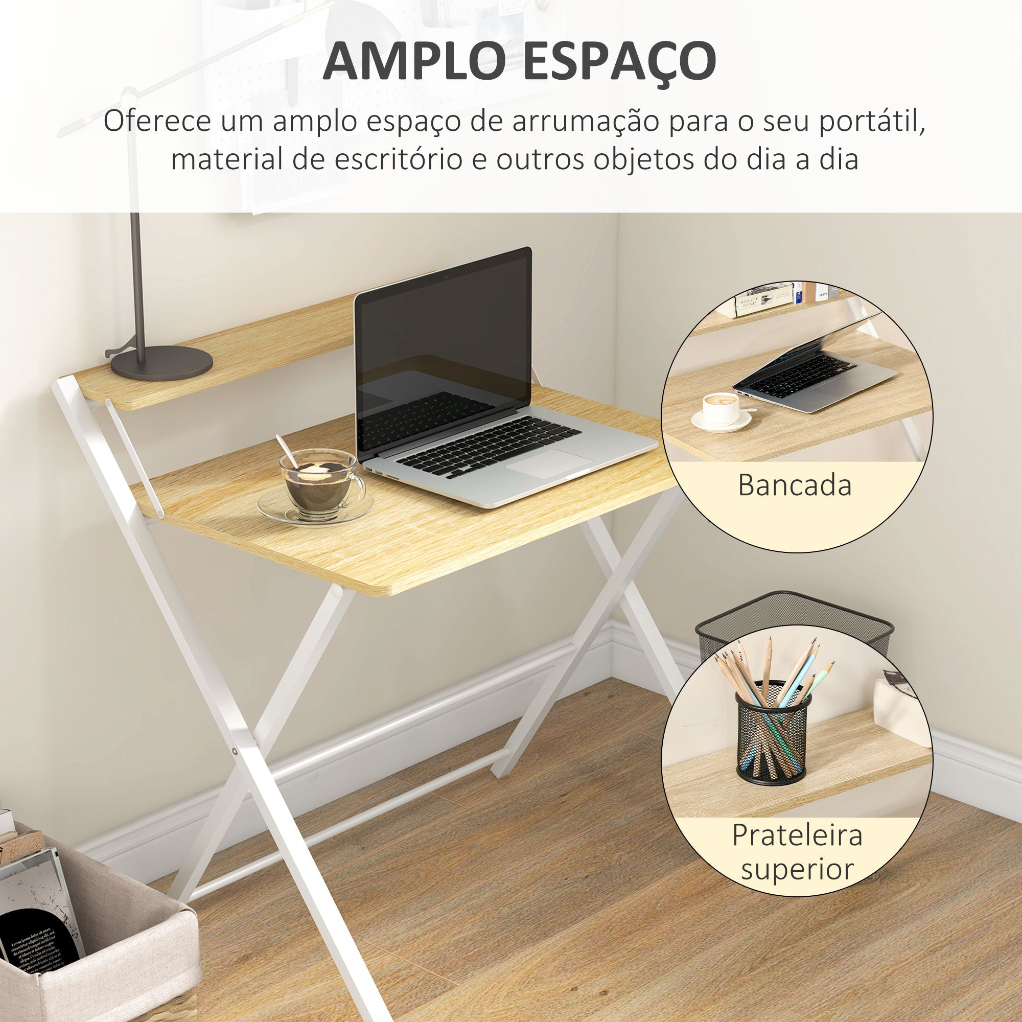 Secretária Dobrável – 81,5x70x84 cm – Branco e Madeira