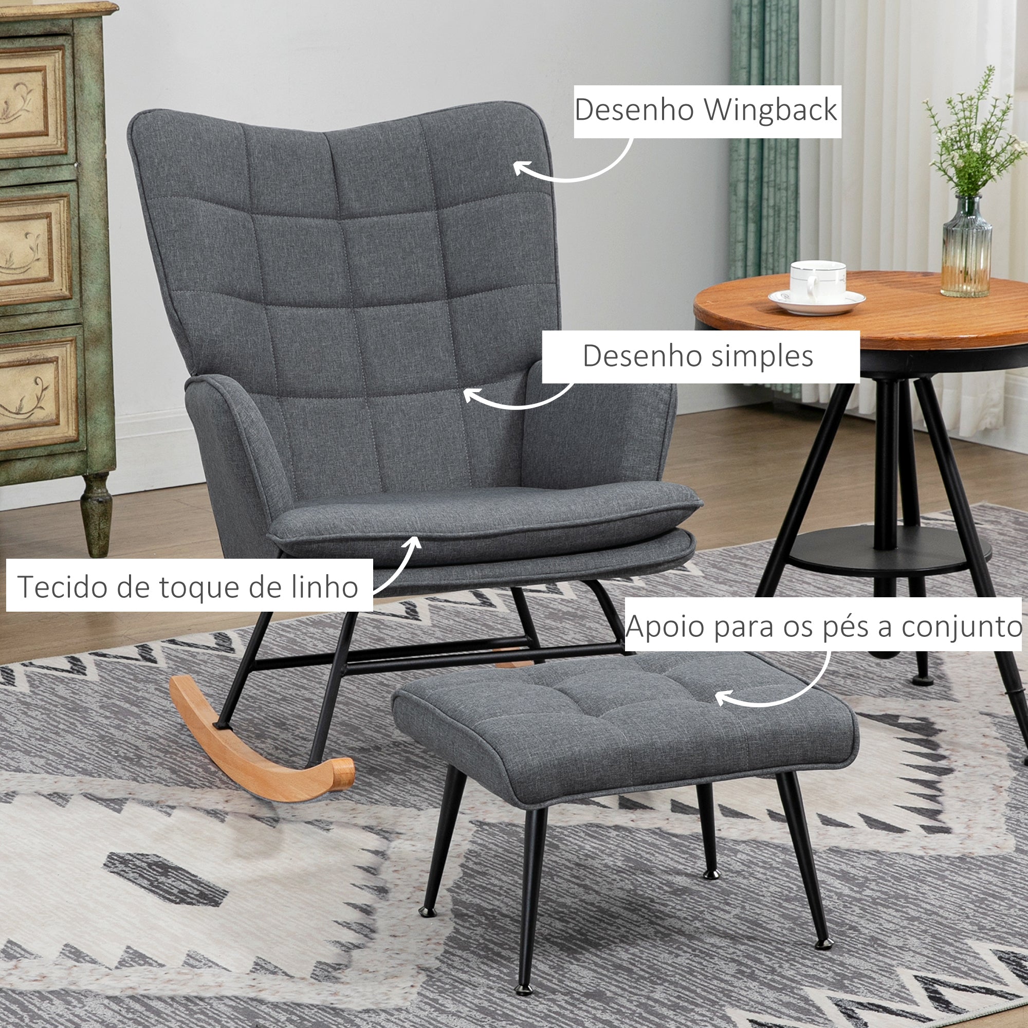 Poltrona Baloiço com Apoio para os Pés – 64x89x90 cm – Cinzento – Madeira maciça de faia e Aço