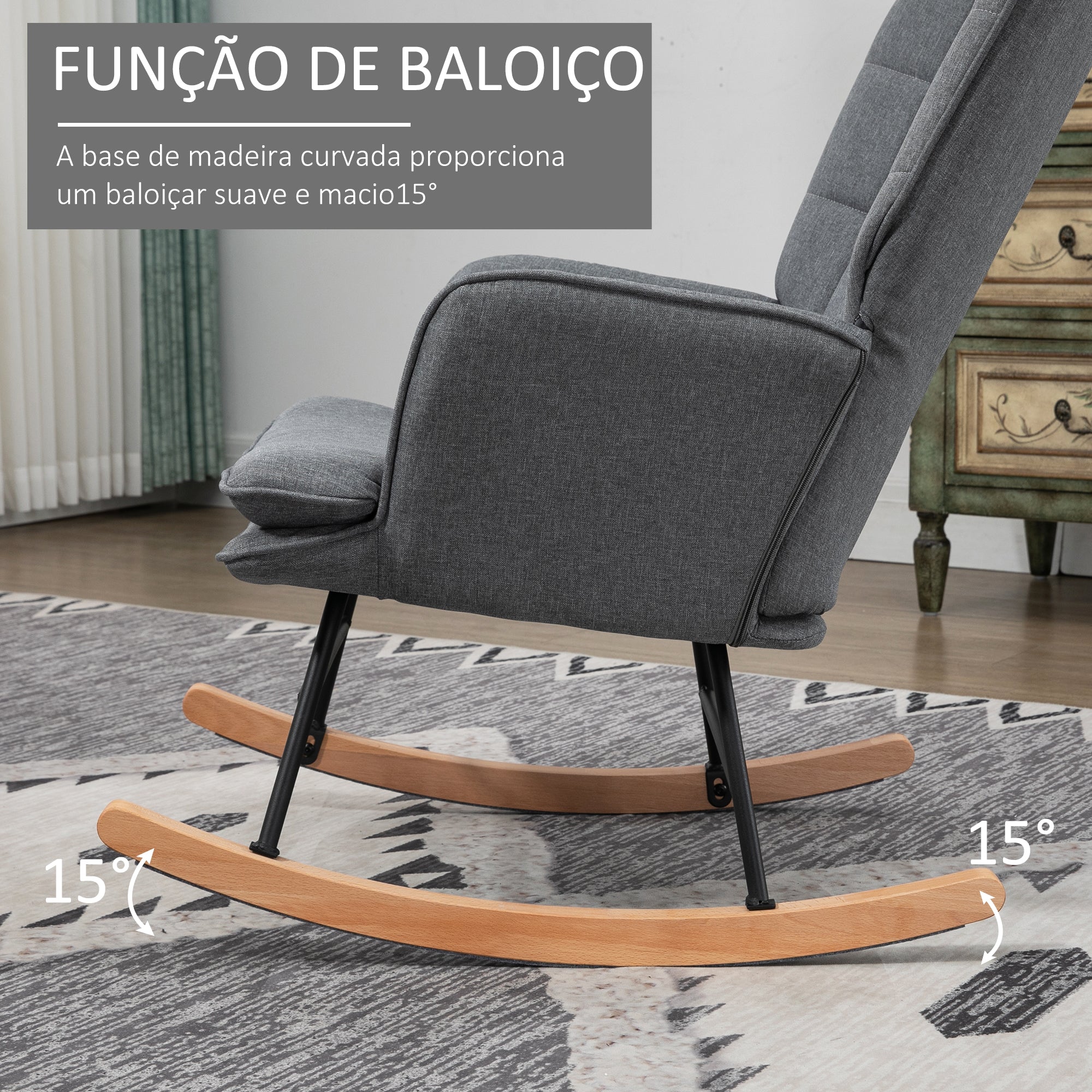 Poltrona Baloiço com Apoio para os Pés – 64x89x90 cm – Cinzento – Madeira maciça de faia e Aço
