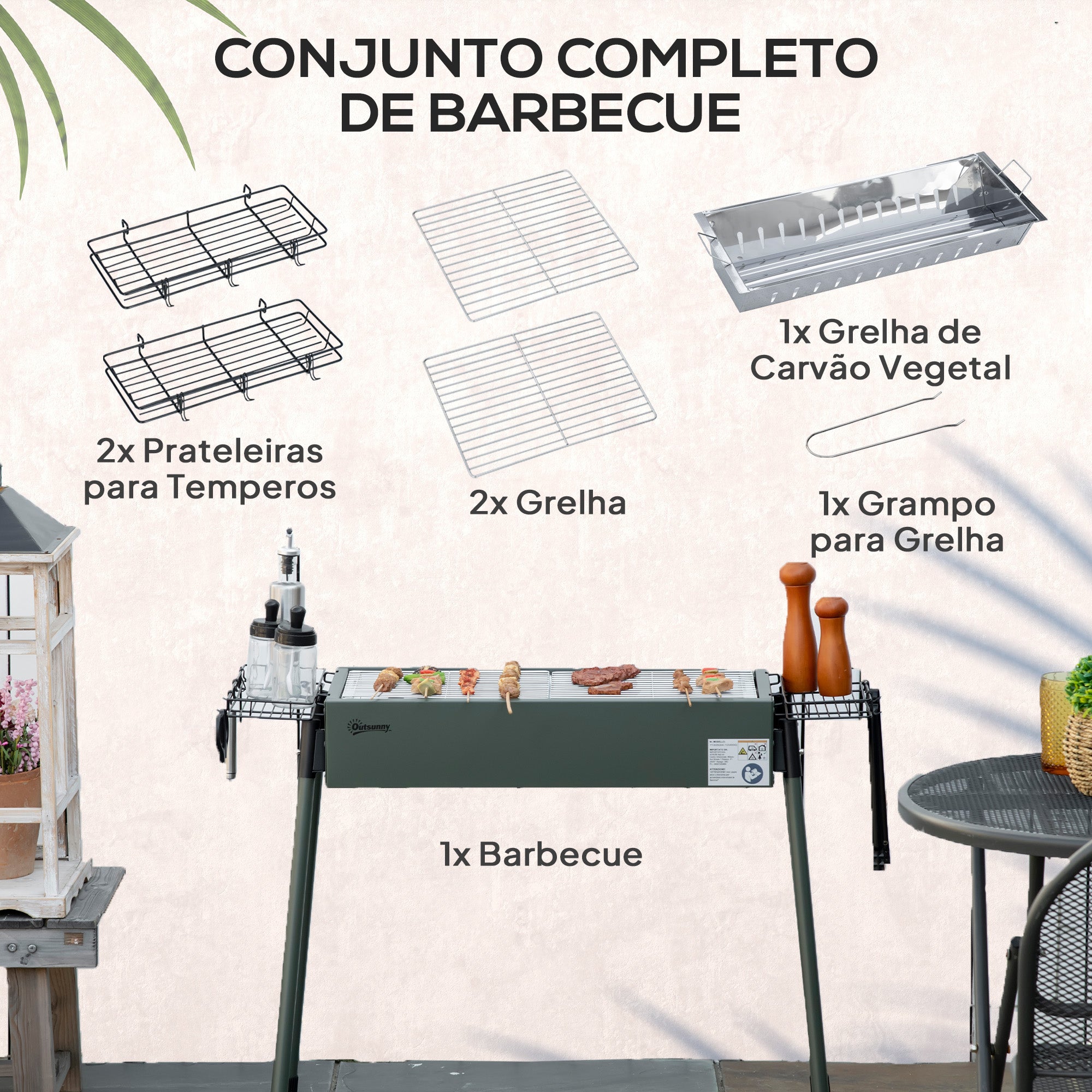 Barbecue a Carvão Verde 77x30x70 cm com 2 Grelhas de Aço Inoxidável e Prateleiras