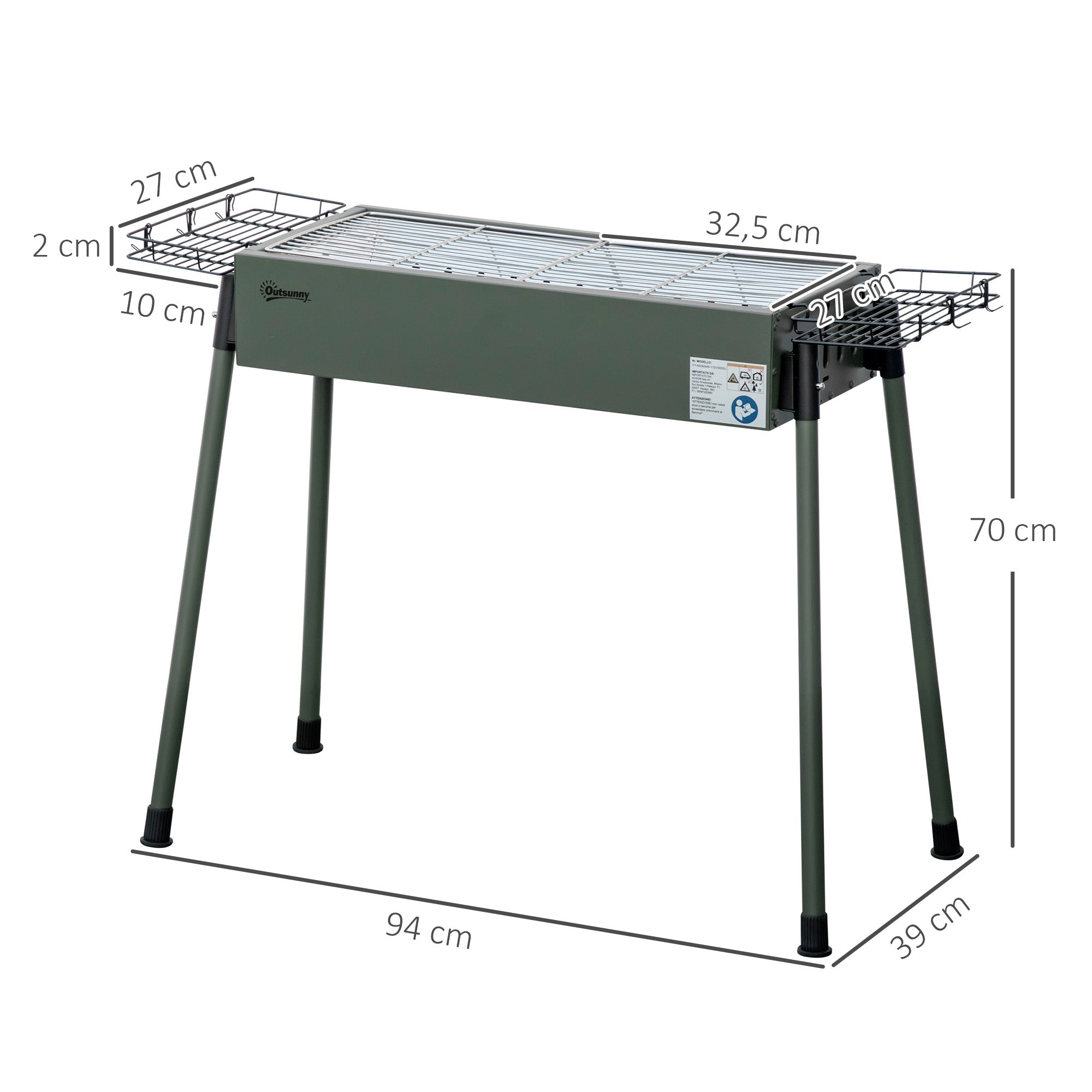 Barbecue a Carvão Verde 77x30x70 cm com 2 Grelhas de Aço Inoxidável e Prateleiras
