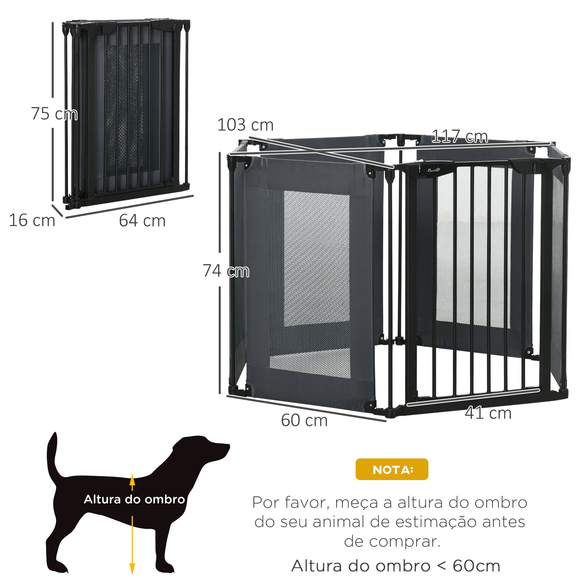Parque Dobrável para Cães - 117x103x74cm - Cinzento