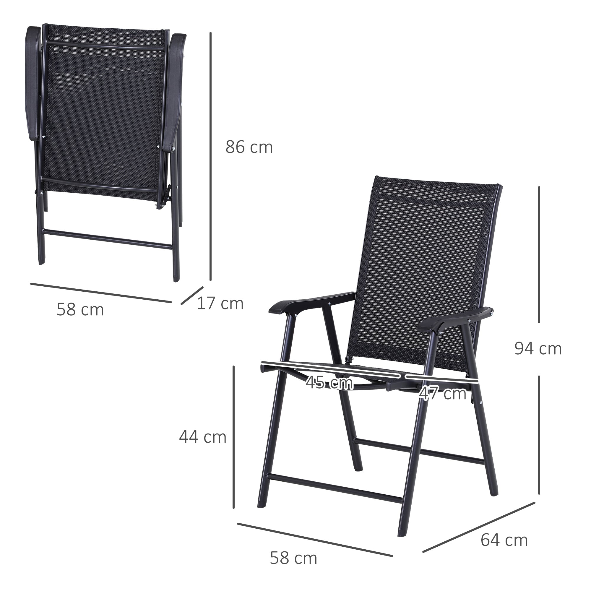 Conjunto de 2 Cadeiras Dobráveis para Exterior - 58x64x94 cm - Cor Preto