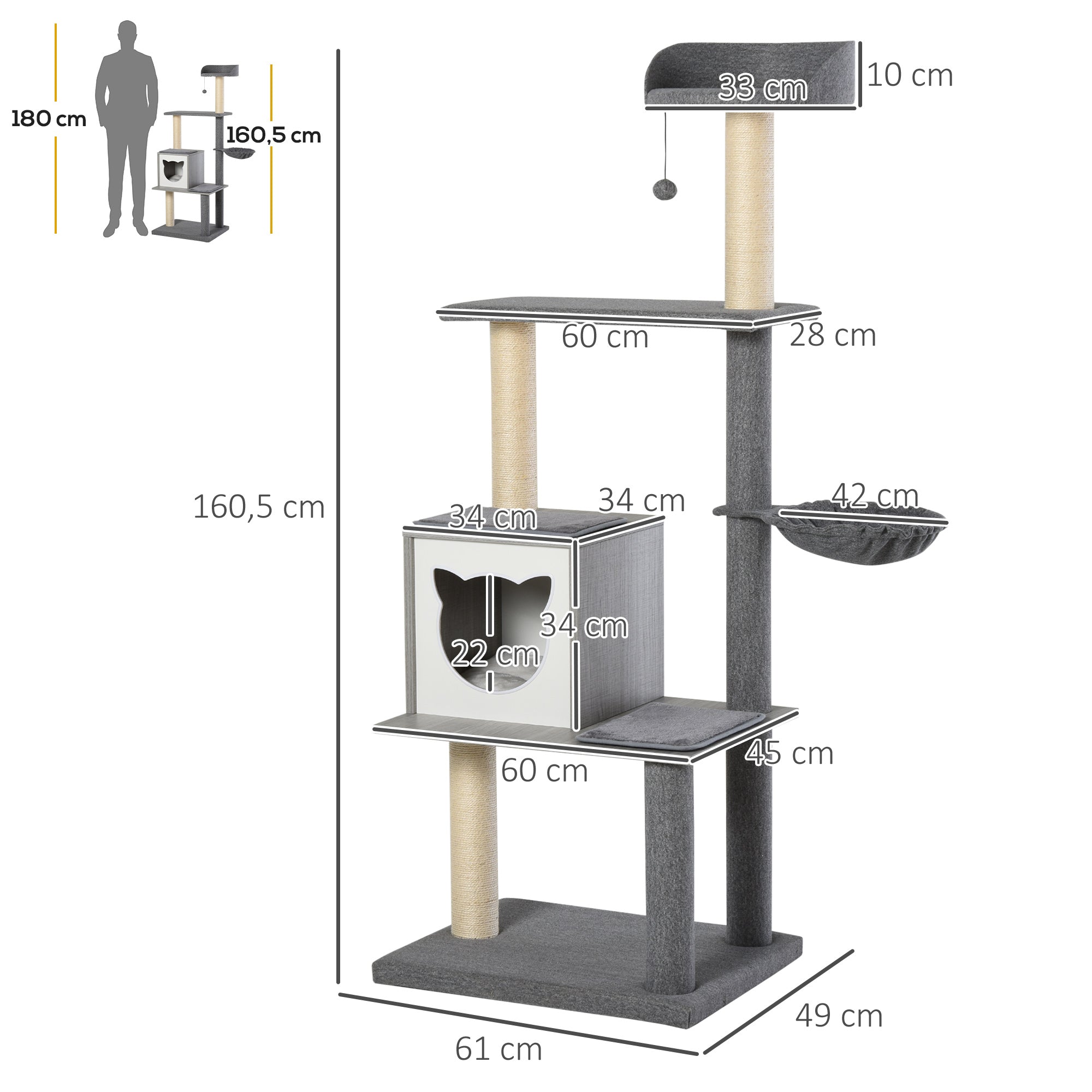 Árvore Arranhador para Gatos Grande 61x49x160,5cm Cinza e Branco