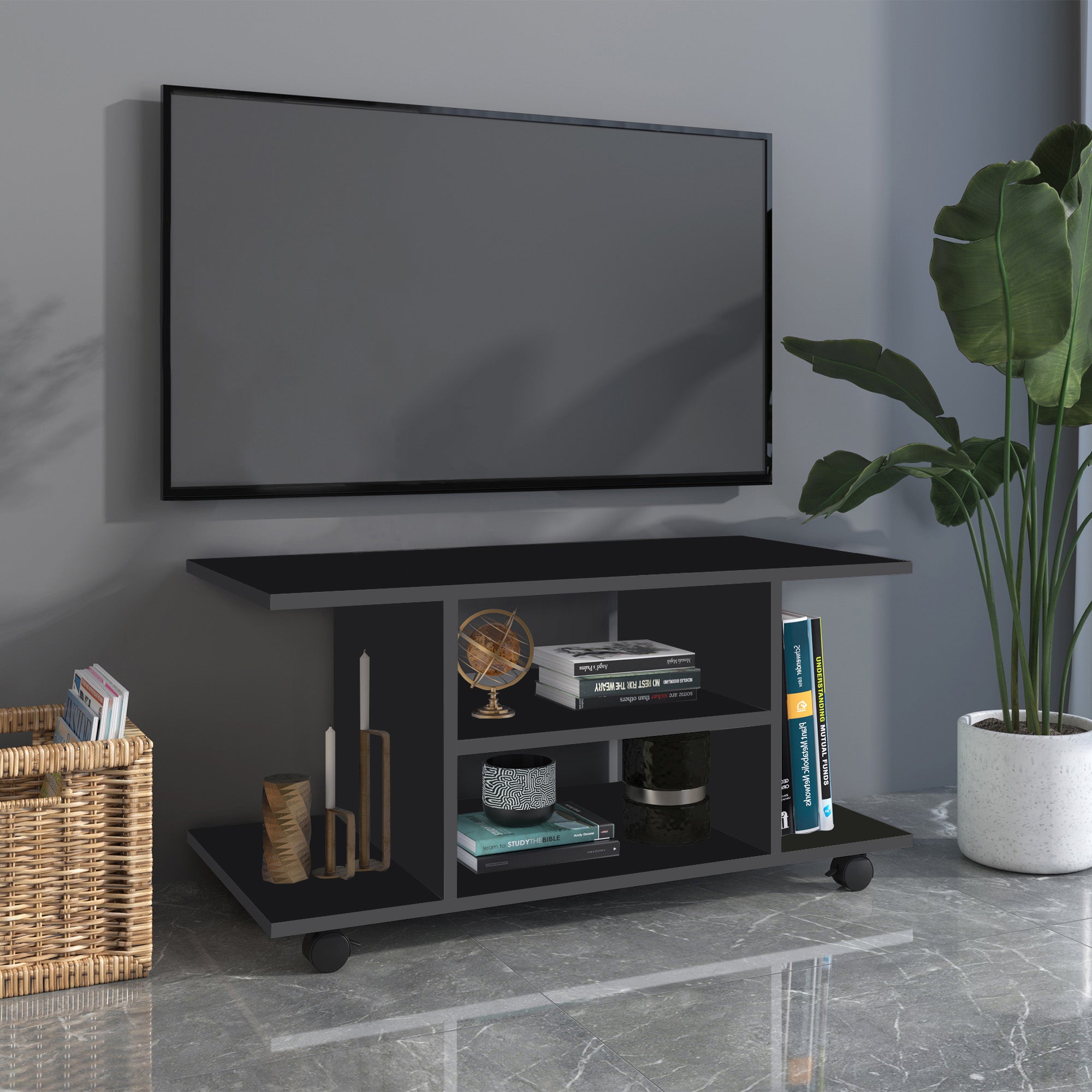 Móvel para TV Preto 80x40x40 cm com Prateleiras e Rodas com Travão