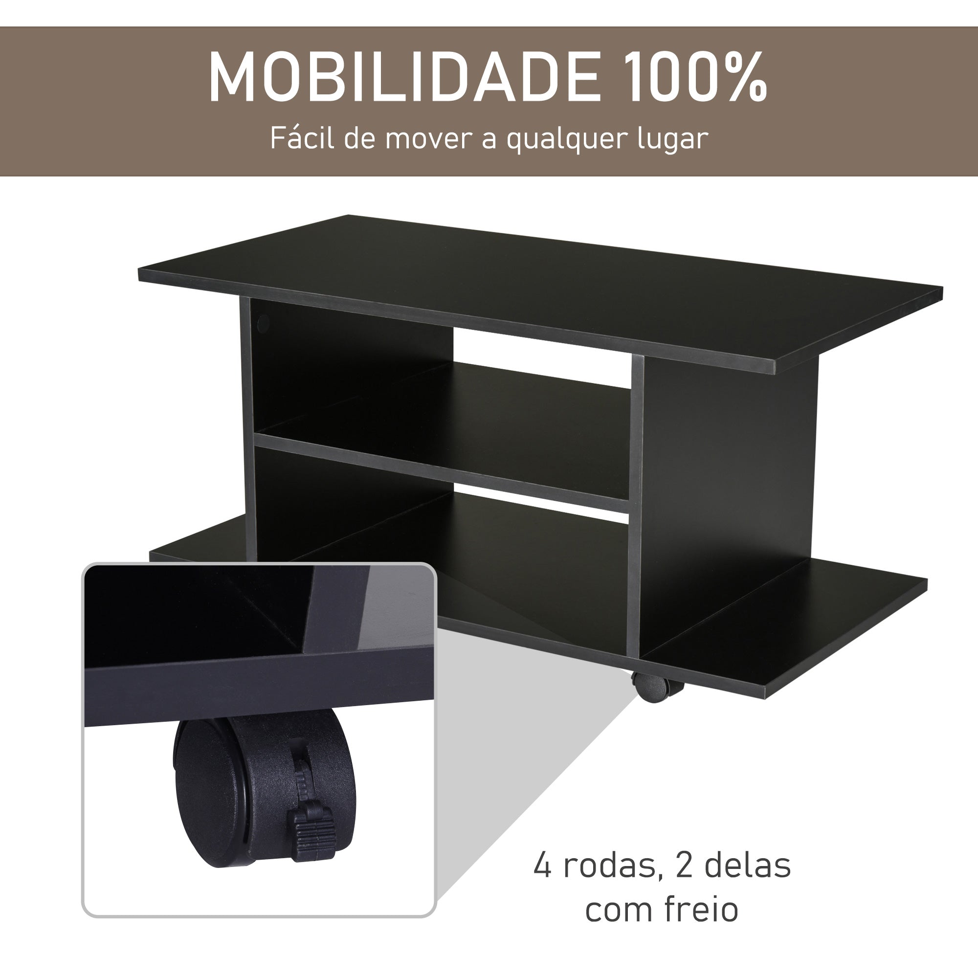 Móvel para TV Preto 80x40x40 cm com Prateleiras e Rodas com Travão